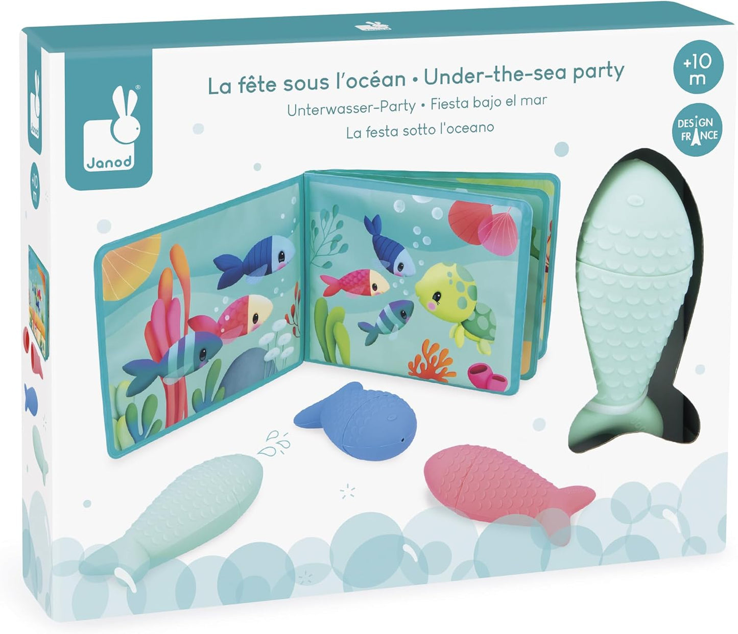 Janod - Livro de banho interativo com 3 brinquedos de aspersão incluídos - 1 livro + 3 aspersores - Desenvolve habilidades motoras finas - Fácil de limpar - A partir de 10 meses - J04733
