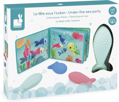 Janod - Livro de banho interativo com 3 brinquedos de aspersão incluídos - 1 livro + 3 aspersores - Desenvolve habilidades motoras finas - Fácil de limpar - A partir de 10 meses - J04733