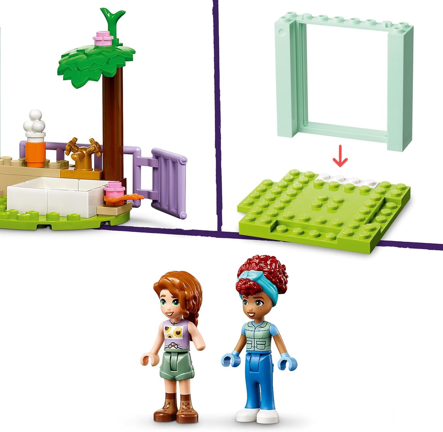 LEGO Conjunto de clínica veterinária de animais de fazenda Friends com trator de brinquedo para meninas, meninos e crianças de mais de 4 anos, inclui coelho, figuras de cabra, 2 personagens de miniboneca e elementos de comida para
