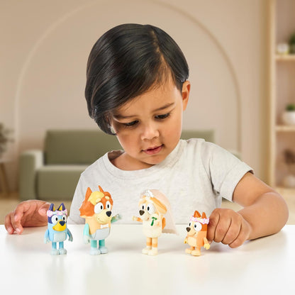 Bluey Figura 4-Pack Wedding Time, Reencenação do Dia do Casamento do Tio Rad e Frisky e Figuras da Florista do Bingo, Branco