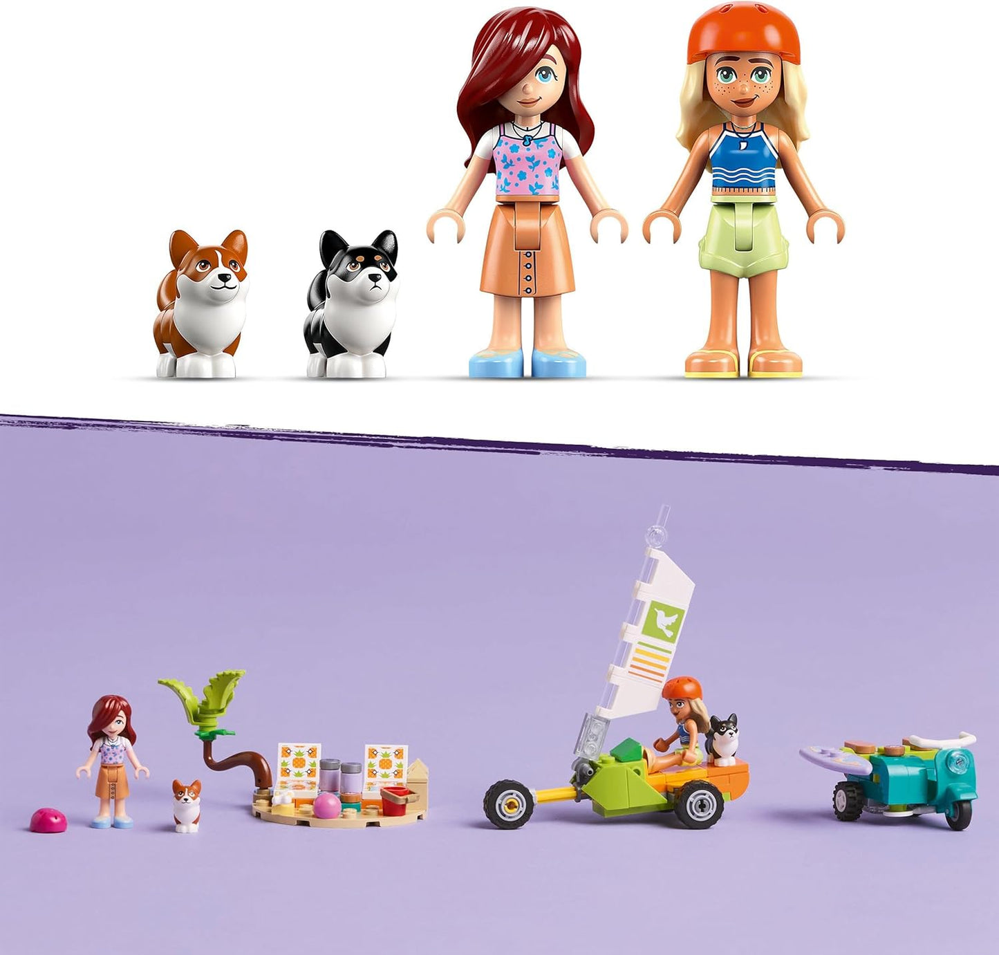 LEGO Friends Surfing Dogs and Adventure Set, Building Toy for 6 Plus Year Old Girls, with 2 Mini Doll Characters and 2 Pet Corgi Animal Figures