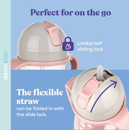 Dentistar Copo de canudo 260 ml, copo reutilizável à prova de vazamentos com canudo para maiores de 6 meses, copo para bebê com canudo pesado e escova de limpeza, materiais sem BPA - rosa