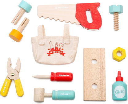Le Toy Van - Carros e construção educacional Meu primeiro brinquedo de banco de ferramentas Conjunto de banco de ferramentas de madeira para dramatização | Finja brincar com ferramentas de madeira - adequado para crianças de 3 anos ou mais