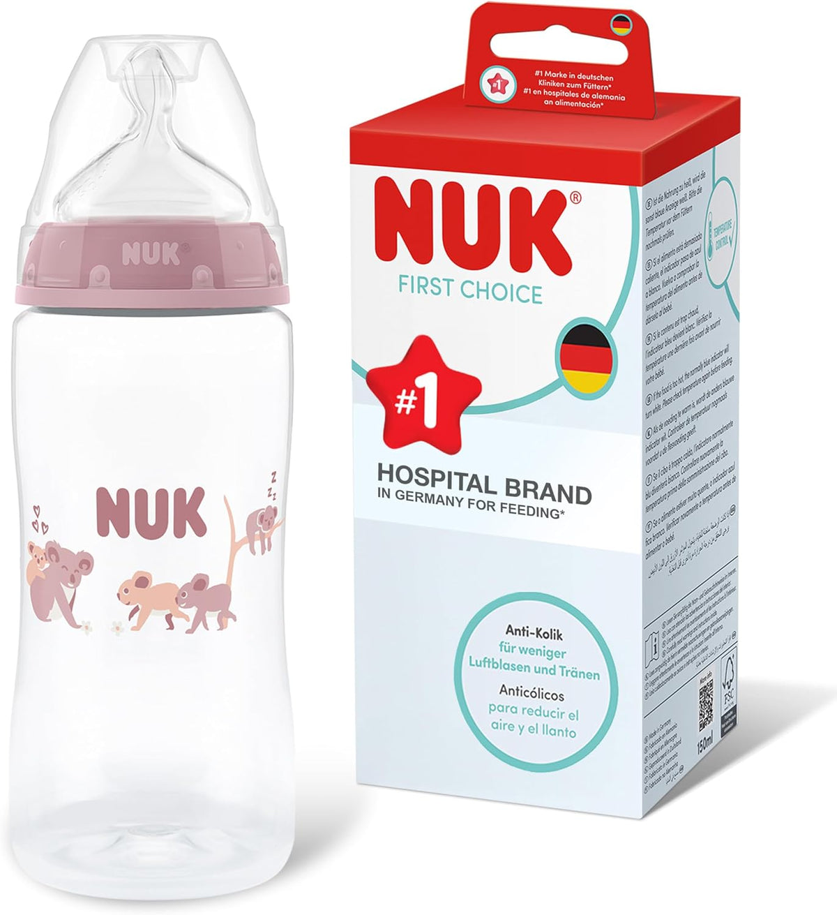 NUK Mamadeira First Choice | 3+ meses | 300 ml | Mamadeira Anticólica | PP | Indicador de Controle de Temperatura | Coala | 1 unidade