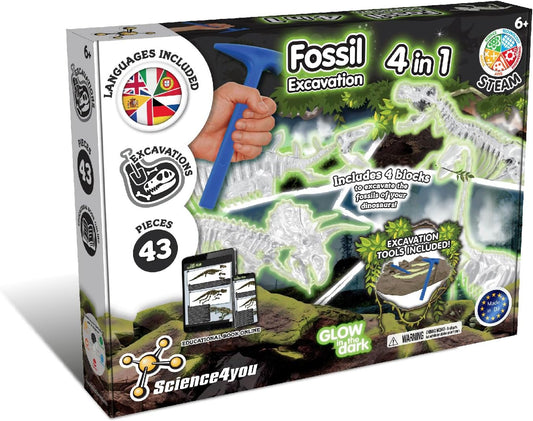 Science4you Kit de escavação de fósseis de dinossauro, kit de escavação de fósseis que brilha no escuro para crianças