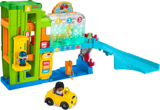 Fisher-Price Garagem para carros Little People com conteúdo Smart Stages, garagem de aprendizagem iluminada, inglês britânico, para crianças de 1 a 3 anos, presente para meninos e meninas, HRB33, multicolorida