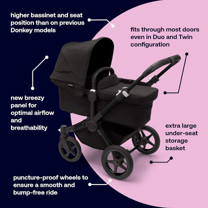 Bugaboo Donkey 5 Mono, conversível em carrinho duplo lado a lado, design aprimorado, assento reversível, direção com uma mão e cesta lateral, preto meia-noite