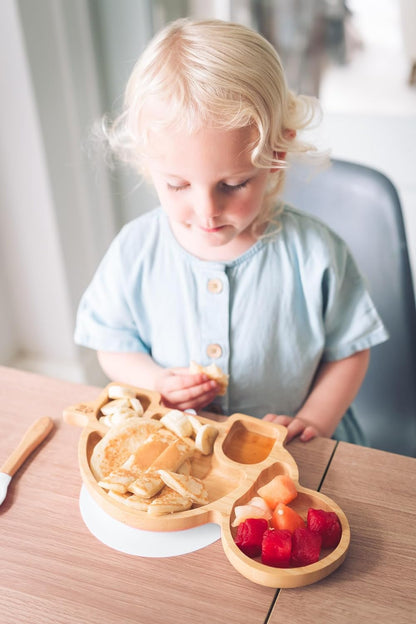 Juego de cuchara y plato de succión de bambú Moon and Moo Turtle para niños, niños pequeños y destete del bebé - No tóxico - Sin plástico - Permanece en su lugar - Plato de succión para bebé - Juego de destete para bebé (gris)