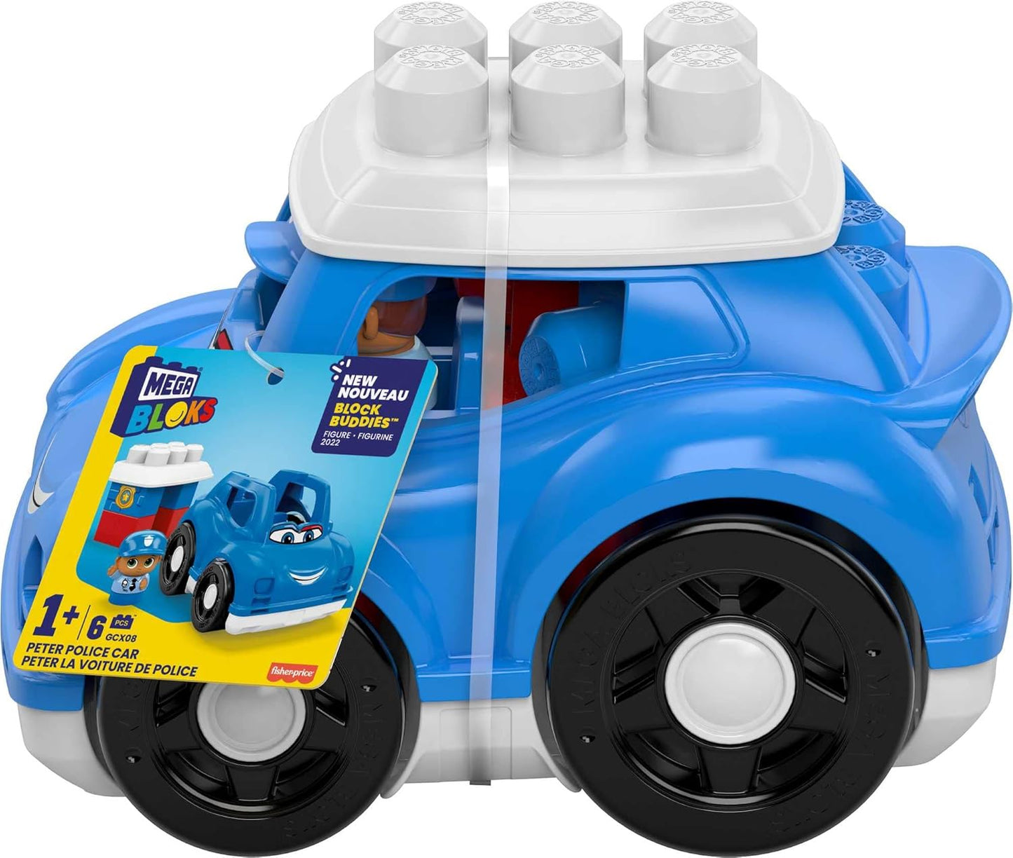 MEGA Conjunto de construção BLOKS Peter Police Car com 1 carro de polícia, 1 policial Block Buddies e 4 blocos de construção grandes, conjunto de brinquedos para presente para maiores de 1 ano