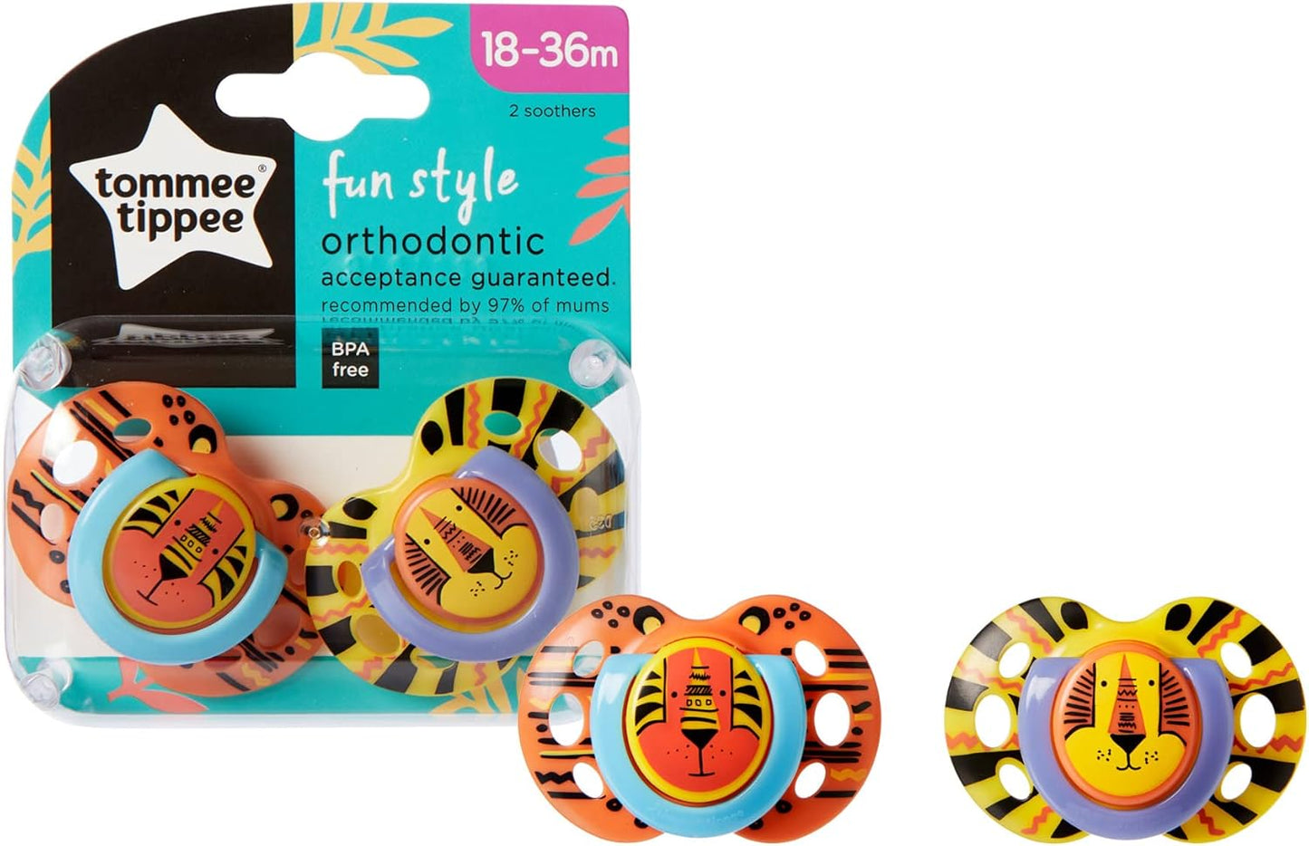 Tommee Tippee Chupetas Fun Style, 18-36 m, pacote com 2, design ortodôntico simétrico, silicone sem BPA, as cores podem variar