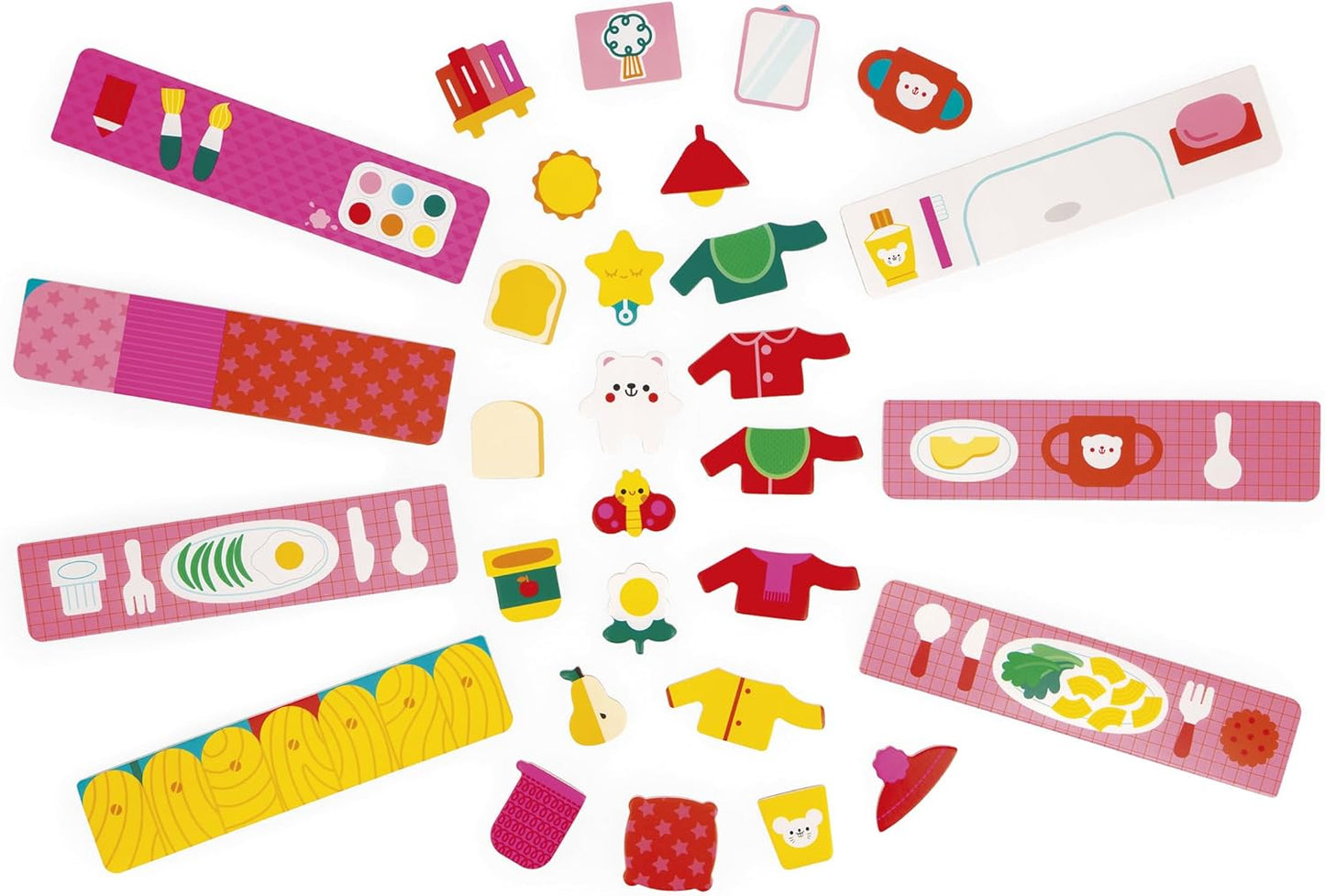 Janod - Jogo Rotinas e Rituais do Dia - Quadro Magnético Educativo - Organize seu Dia a Dia - 7 Cartões Modelo Educativos - 1 Quadro Magnético - 30 Ímãs - A partir de 2 Anos