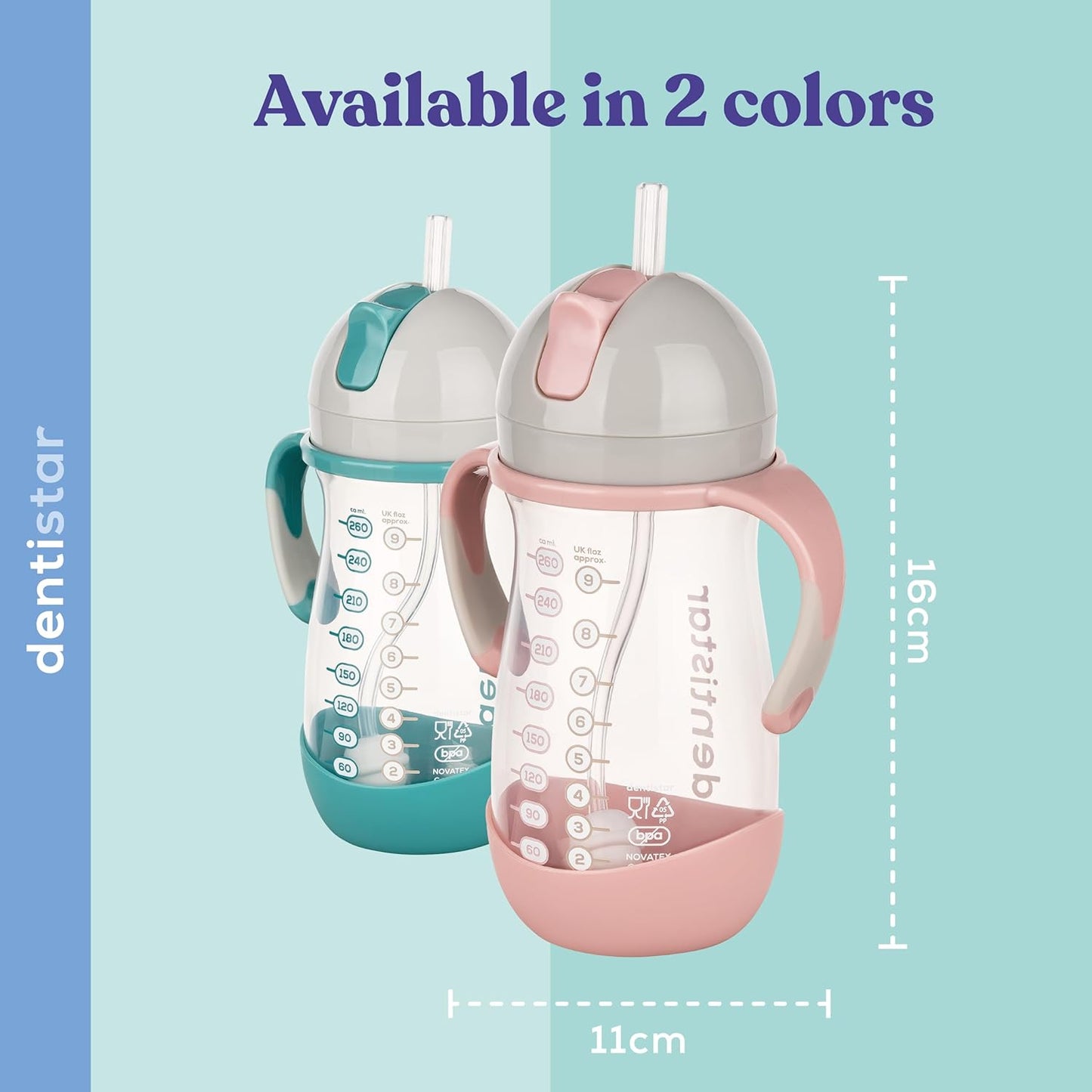 Dentistar Copo de canudo 260 ml, copo reutilizável à prova de vazamentos com canudo para maiores de 6 meses, copo para bebê com canudo pesado e escova de limpeza, materiais sem BPA - rosa