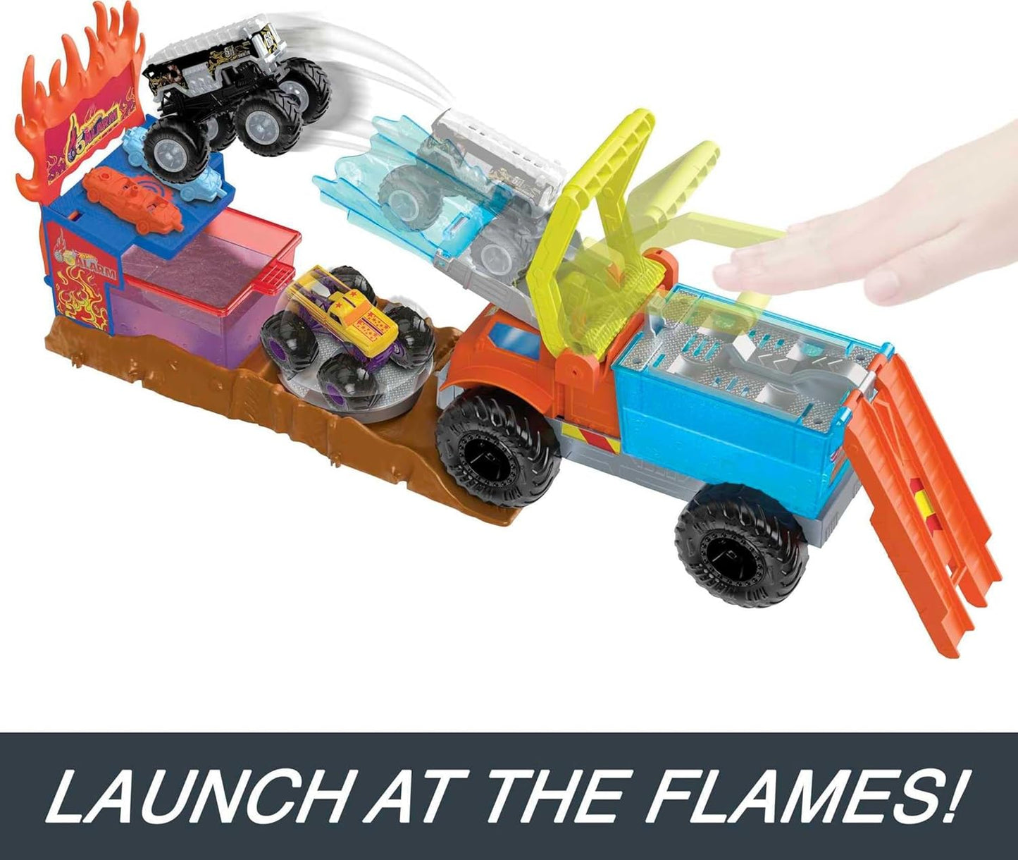 Hot Wheels Monster Trucks Arena Smashers Color Shifters Resgate de 5 Alarmes com 1 Monster Truck Color Shifter, 2 Carrinhos Destrutíveis e 1 Caminhão Semirreboque Destacável, HPN73