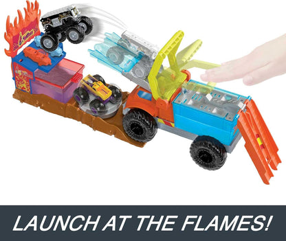 Hot Wheels Monster Trucks Arena Smashers Color Shifters Resgate de 5 Alarmes com 1 Monster Truck Color Shifter, 2 Carrinhos Destrutíveis e 1 Caminhão Semirreboque Destacável, HPN73
