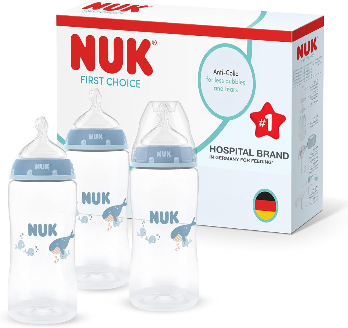 NUK Mamadeiras First Choice | 3+ meses | 300 ml | Mamadeira anticólica | Polipropileno (PP) | Indicador de controle de temperatura | Baleia | Kit com 3 unidades
