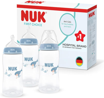 NUK Mamadeiras First Choice | 3+ meses | 300 ml | Mamadeira anticólica | Polipropileno (PP) | Indicador de controle de temperatura | Baleia | Kit com 3 unidades