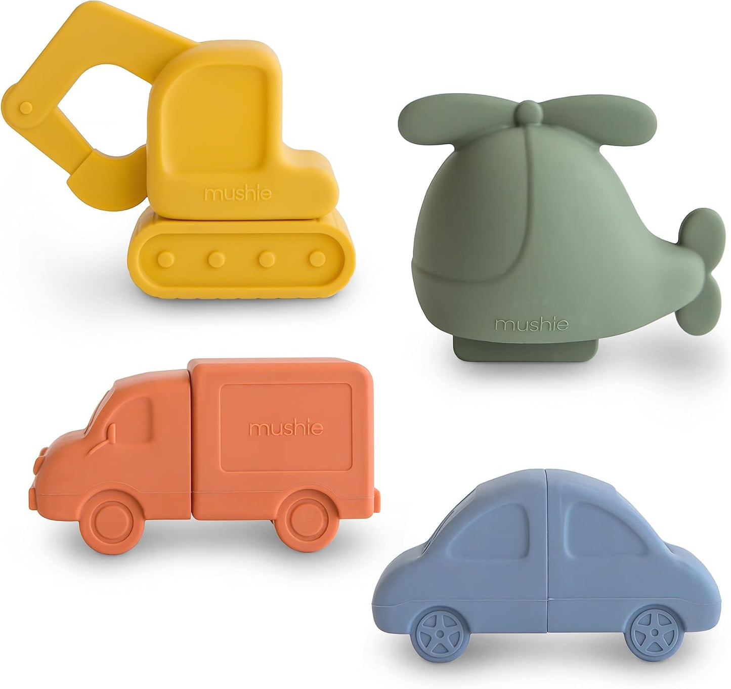 Mushie Brinquedo de Banho com 4 Veículos Flutuantes para Bebês, Crianças e Adolescentes | Feito de Silicone de Grau Alimentício para Diversão na Banheira | Helicóptero, Carro, Caminhão e Escavadeira
