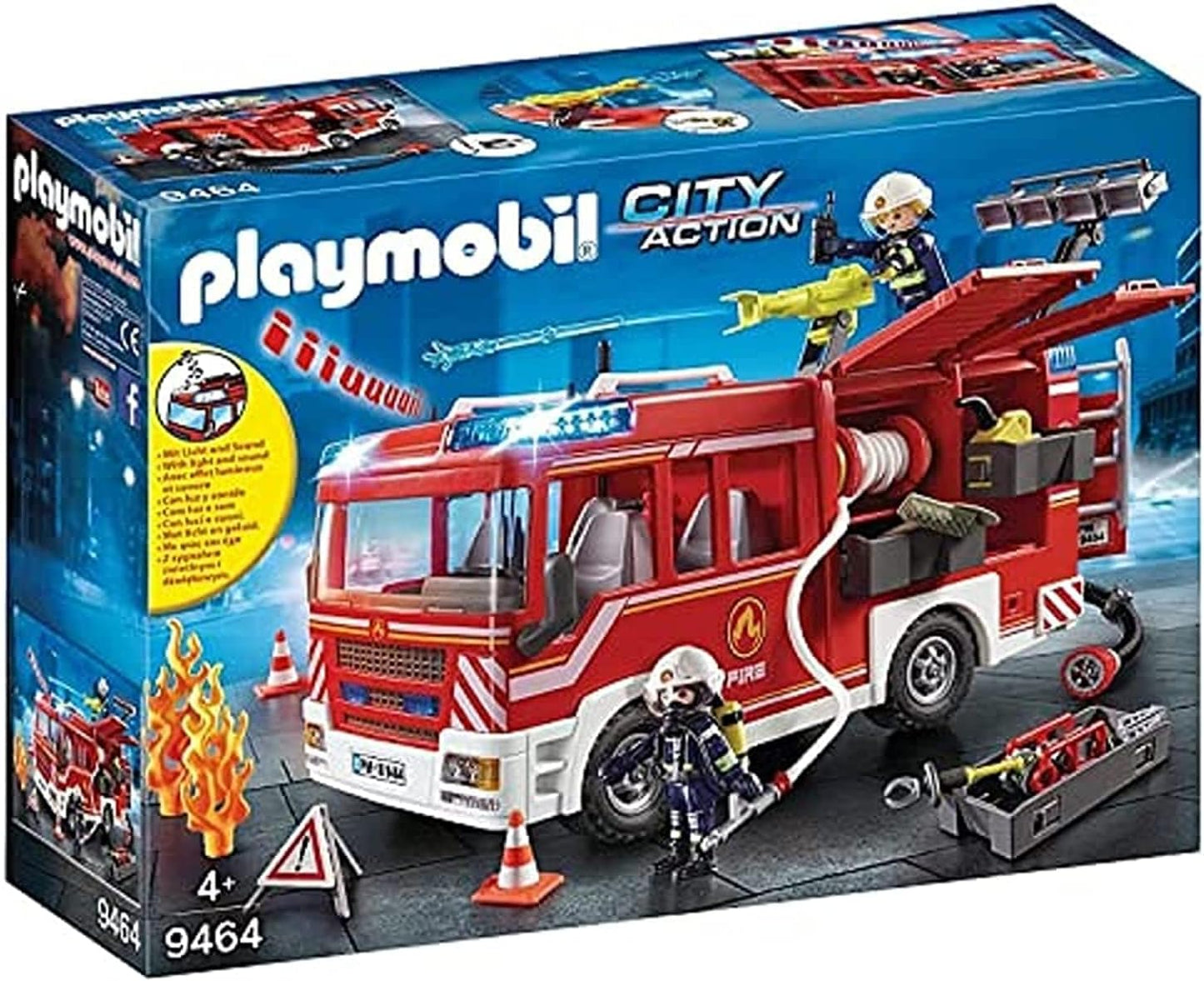 PlayMOBIL 9464 Caminhão de Bombeiros City Action com Canhão de Água Funcional, Bombeiro e Helicóptero - Brinquedo Divertido para Brincadeiras Imaginativas de Faz de Conta - Conjunto Adequado para Crianças a partir de 4 Anos.