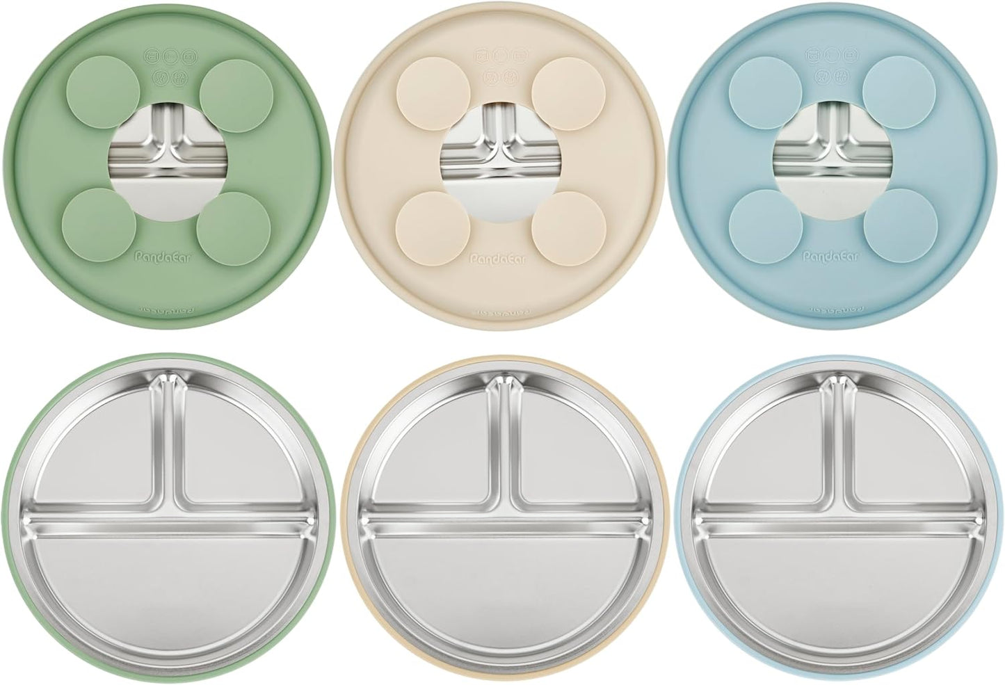 PandaEar Conjunto de 3 pratos infantis em aço inoxidável com ventosa, prato dividido com ventosa para introdução alimentar BLW (Baby Led Weaning), conjunto antiderrapante para alimentação de bebês e crianças pequenas,