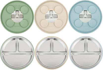 PandaEar Conjunto de 3 pratos infantis em aço inoxidável com ventosa, prato dividido com ventosa para introdução alimentar BLW (Baby Led Weaning), conjunto antiderrapante para alimentação de bebês e crianças pequenas,