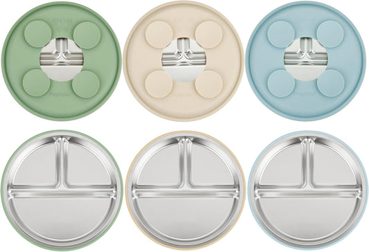 PandaEar Conjunto de 3 pratos infantis em aço inoxidável com ventosa, prato dividido com ventosa para introdução alimentar BLW (Baby Led Weaning), conjunto antiderrapante para alimentação de bebês e crianças pequenas,