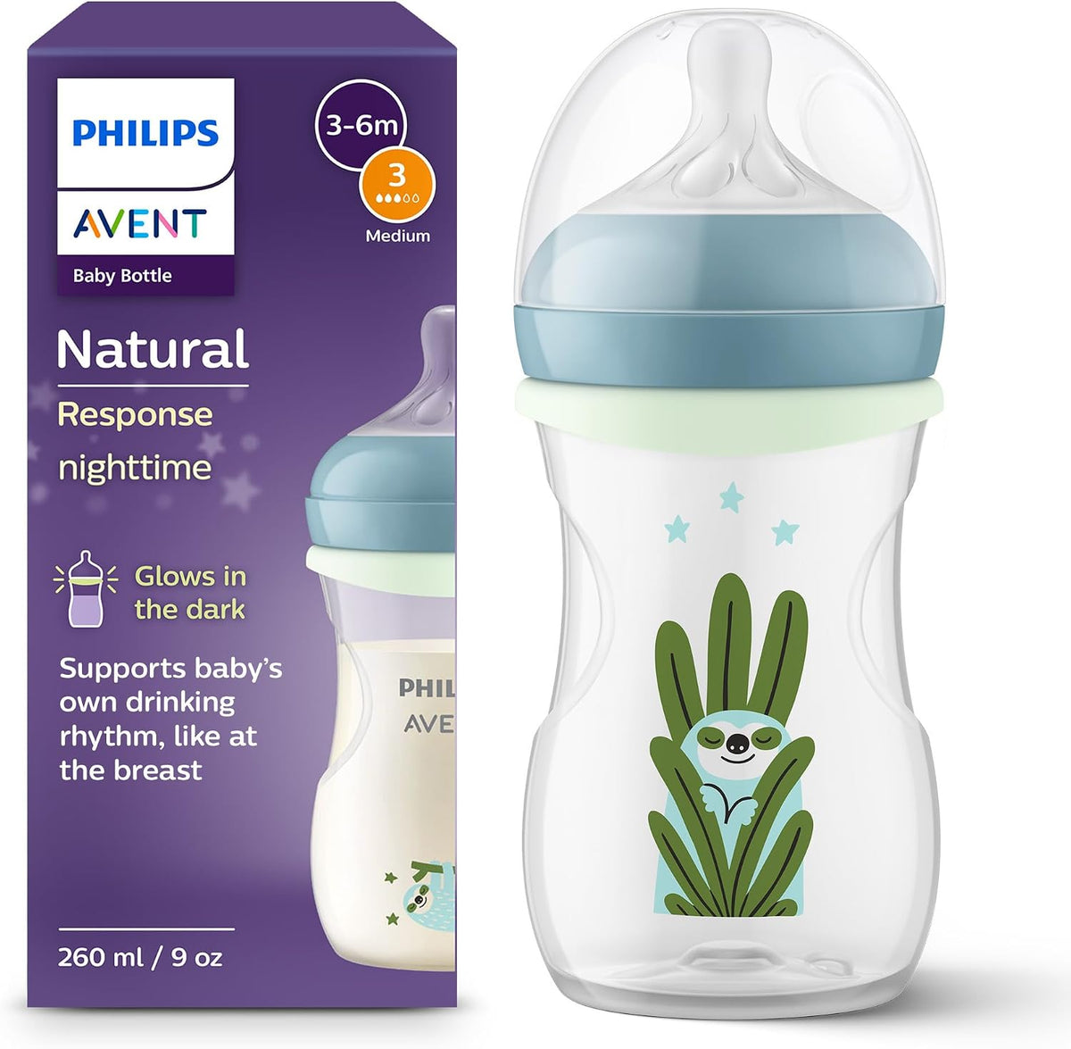 Philips Mamadeira Avent Natural Response para a noite - 260 ml, com bico de fluxo médio (fluxo 3), inclui anel que brilha no escuro, estampa de bicho-preguiça, SCY903/81