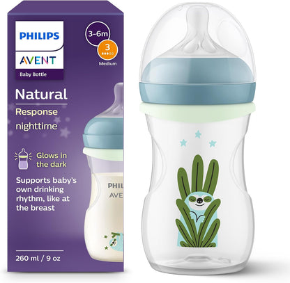 Philips Mamadeira Avent Natural Response para a noite - 260 ml, com bico de fluxo médio (fluxo 3), inclui anel que brilha no escuro, estampa de bicho-preguiça, SCY903/81