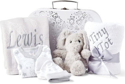 Presentes personalizados para bebês - Cesta para recém-nascidos em caixa de lembranças branca, inclui edredom de zebra para bebês, caixa de bebê, conjunto de presentes para recém-nascidos - 3 itens essenciais para bebês