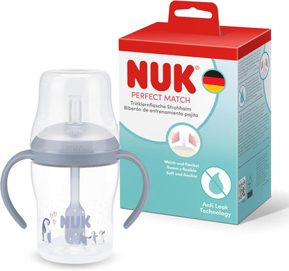NUK Copo de Treinamento com Canudo Perfect Match | 8+ meses | 150 ml | Copo com canudo antivazamento para bebês | Alças antiderrapantes | Pinguim | 1 unidade
