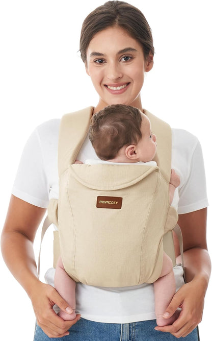 Momcozy Canguru para recém-nascido WeeSnug - Leve e aconchegante para bebês de 3,2 a 11,3 kg, com suporte ergonômico cruzado nas costas, fácil de vestir, canguru para bebês com mãos livres e suporte lombar, cor cáqui.
