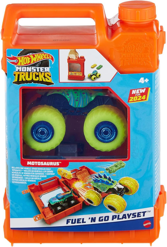 Hot Wheels Monster Trucks Juego de camiones de juguete a escala 1:64, Fuel N' Go Gas puede transformarse en Stunt Arena, con Motosaurus y 2 autos destrozados
