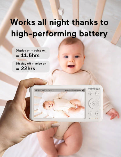 momcozy Babá eletrônica com 2 câmeras, tela dividida de 5 polegadas 1080P com lente grande angular integrada, câmera e áudio, sem Wi-Fi, bateria de 5000 mAh, visão noturna infravermelha, alcance de 293 metros.