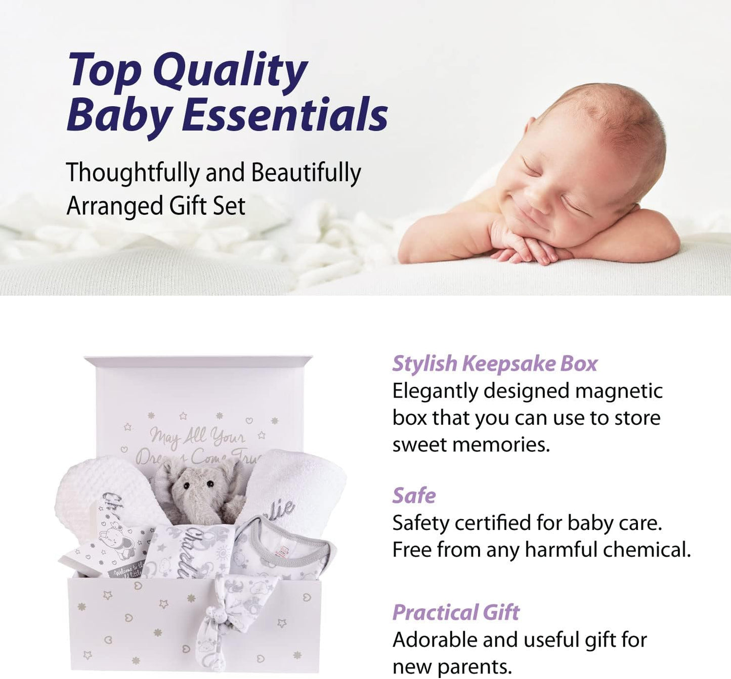 Baby Box Shop Conjunto de presentes personalizados para bebês Caixa de presente unissex, presentes para meninos e meninas, loja de caixas de bebê Conjunto de presentes unissex para bebês 7 itens essenciais para presentes de recém-nascidos