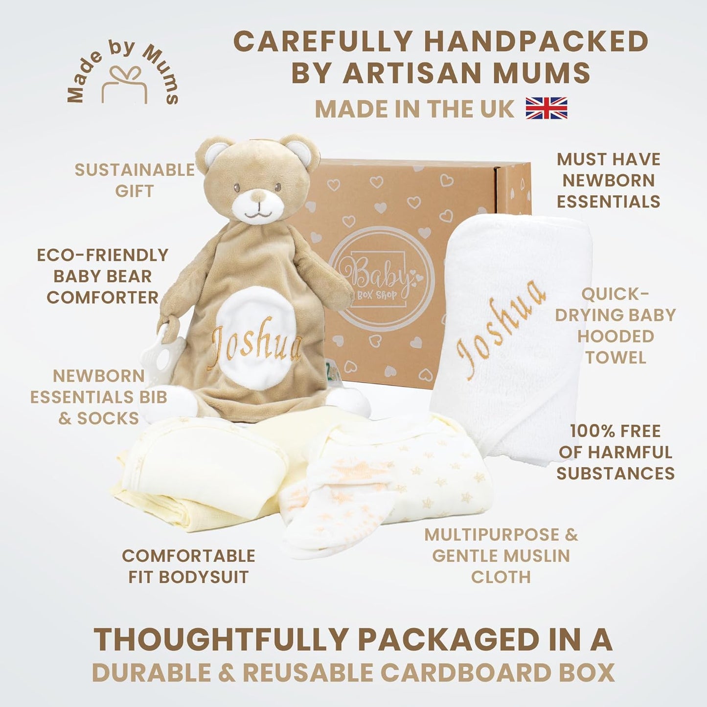 Baby Box Shop - Toalha com capuz personalizada para bebê e cobertor de urso personalizado para bebê, itens essenciais para recém-nascidos, Baby Box Shop - 6 itens essenciais para recém-nascidos unissex