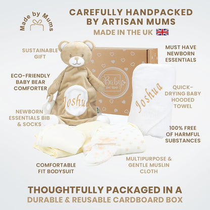 Baby Box Shop - Toalha com capuz personalizada para bebê e cobertor de urso personalizado para bebê, itens essenciais para recém-nascidos, Baby Box Shop - 6 itens essenciais para recém-nascidos unissex
