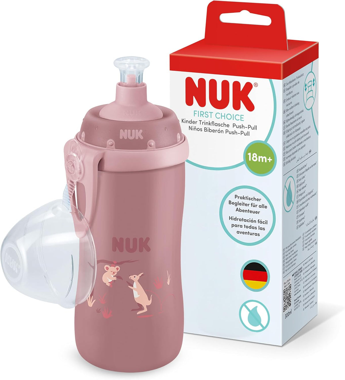 NUK Garrafa de Água First Choice Push-Pull para Crianças | 18+ Meses | 300 ml | Bico Resistente a Mordidas | Garrafa Antivazamento | Coala Rosa | 1 Unidade