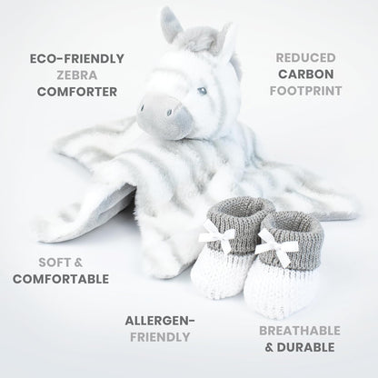 Baby Box Shop - Presentes personalizados para bebês - Cobertor de bebê personalizado e edredom de bebê zebra personalizado com botinhas de algodão cinza e branco, ideais para presentes de batizado