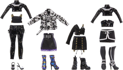 Rainbow High - Ainsley Slater - Boneca Fashion Preta e Dourada. Inclui 3 conjuntos de roupas de grife combináveis e acessórios. Ideal para crianças de 6 a 12 anos e colecionadores.