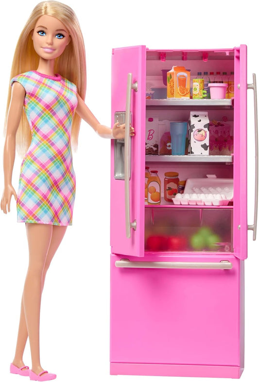 Barbie Boneca e Conjunto de Cozinha com Geladeira e 10 Acessórios, Incluindo Comidas, Mais Cartela de Adesivos, JKB52