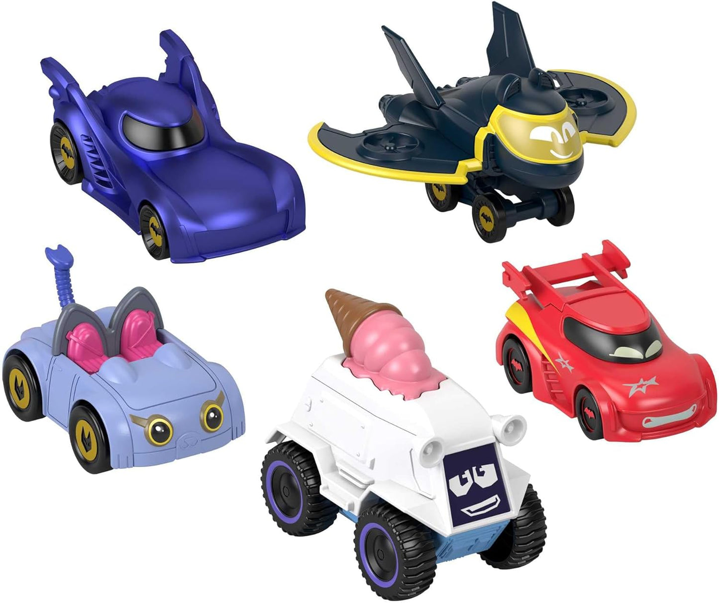 Conjunto de 5 carrinhos de brinquedo Fisher-Price DC Batwheels em escala 1:55: Bam, Batmóvel, Redbird, Kitty, Snowy e Batwing. Veículos de metal fundido Batcast. Para crianças a partir de 3 anos. HML20