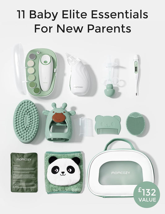Momcozy Kit Elite para Bebês, conjunto de presente superior para higiene, saúde e limpeza, inclui lixa de unha elétrica e aspirador nasal, faixa térmica para barriga, termômetro, escova de banho, mordedor e chupeta medicinal.