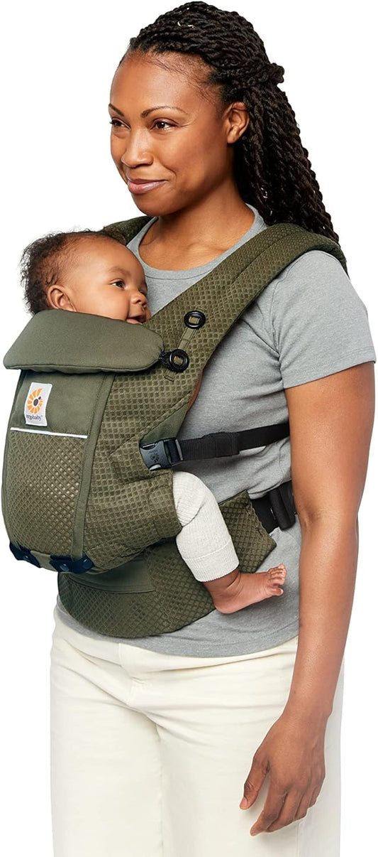 Ergobaby Adapt Carrier para recém-nascidos desde o nascimento, malha SoftFlex de 3 posições, posição ergonômica para transporte do bebê na frente para dentro e nas costas, verde oliva