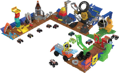 Hot Wheels  Monster Trucks Arena Smashers Treasure Chomp Challenge Playset com escala 1:64 Tiger Shark Toy Monster Truck e 1 carro esmagado,  HTP17