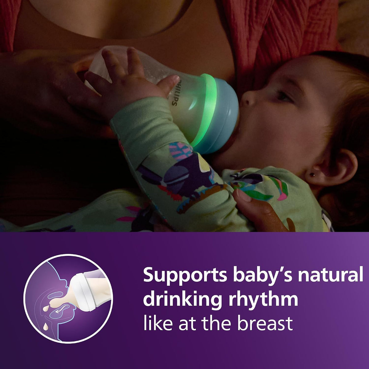 Philips Mamadeira Avent Natural Response para a noite - 260 ml, com bico de fluxo médio (fluxo 3), inclui anel que brilha no escuro, estampa de bicho-preguiça, SCY903/81
