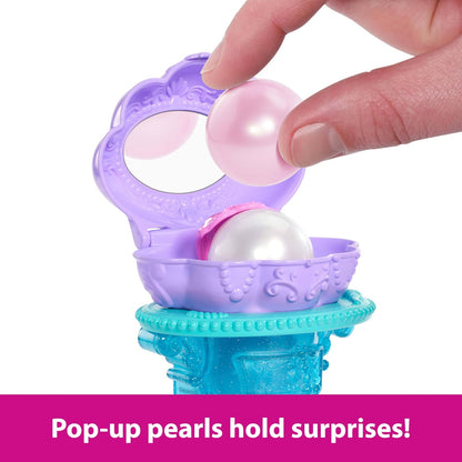 Mattel Boneca Disney Princesas Ariel (Sereia) e Penteadeira Surpresa | O conjunto inclui boneca Ariel articulada com cauda removível, penteadeira com cadeira, 5 pérolas "pop-up" reutilizáveis e 5 acessórios – JBF86