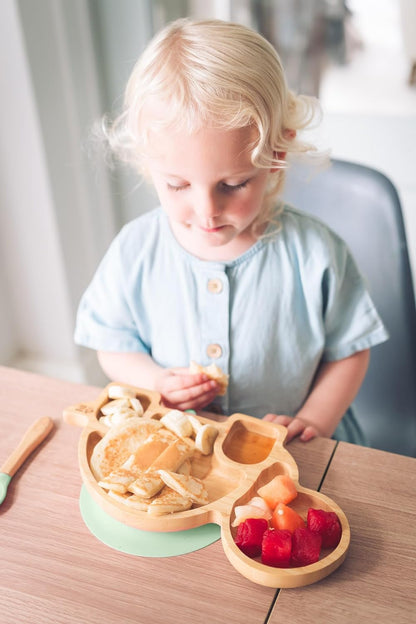 Juego de cuchara y plato de succión de bambú Moon and Moo Turtle para niños, niños pequeños y destete del bebé - No tóxico - Sin plástico - Permanece en su lugar - Plato de succión para bebé - Juego de destete para bebé (gris)