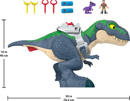 Fisher-Price Imaginext Jurassic World Rebirth Conjunto de Dinossauros, Brinquedo de Dinossauro T. rex Ultimate Action Chomp de 45 cm com Luzes, Sons, Movimento e 2 Figuras de Ação de 7,5 cm, JGR40