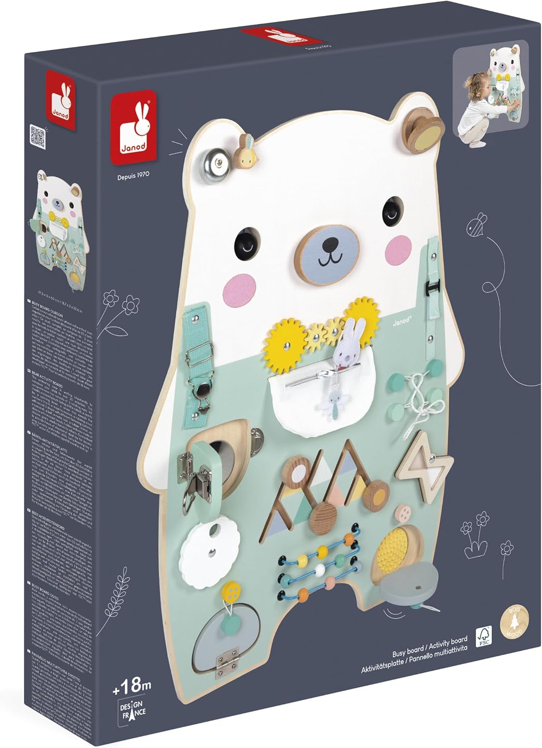 Janod - Busy Board Ourson - 20 atividades - Grande quadro de atividades de madeira - Ideal para desenvolvimento motor fino, curiosidade e destreza - Altura 60 cm - A partir de 18 meses, J05162