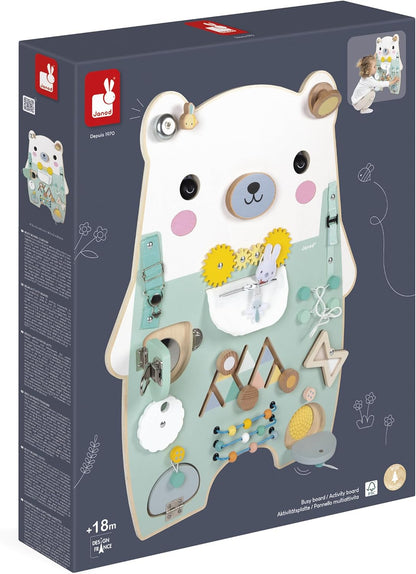 Janod - Busy Board Ourson - 20 atividades - Grande quadro de atividades de madeira - Ideal para desenvolvimento motor fino, curiosidade e destreza - Altura 60 cm - A partir de 18 meses, J05162