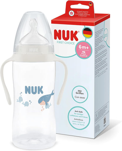 NUK Mamadeira First Choice | 6+ meses | 300 ml | Mamadeira anticólica | Polipropileno (PP) | Alças de fácil aderência | Baleia | 1 unidade